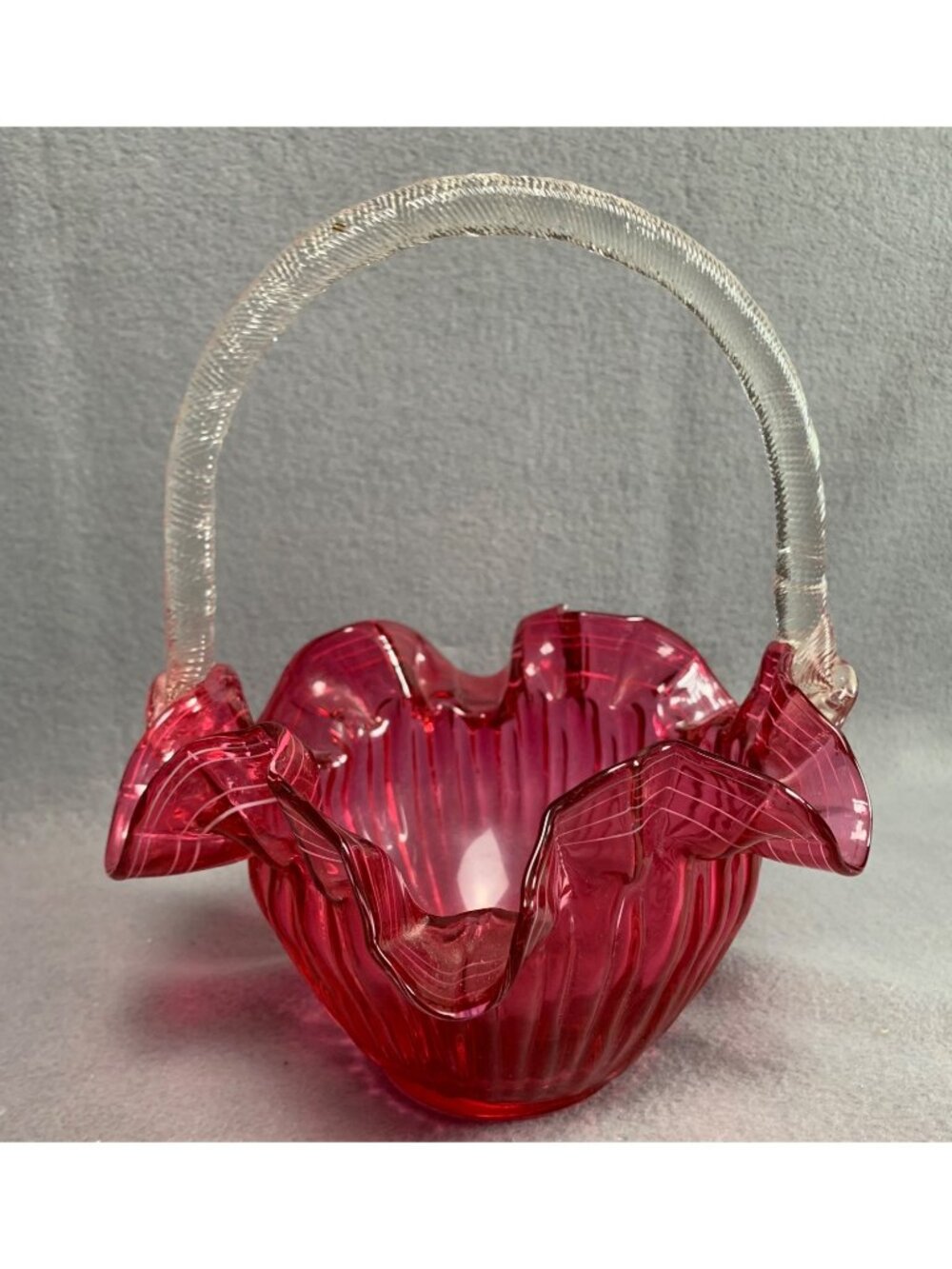 Hand-Blown Cranberry Glass Basket Ruffled Edge & Clear Handle Vintage - Picture 11 of 14
